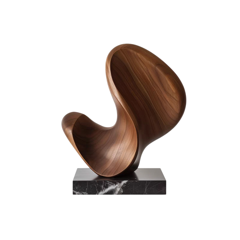 Abstract Wood Sculpture with Black Marble Base, Modern Tabletop Art, 15.7 Inch