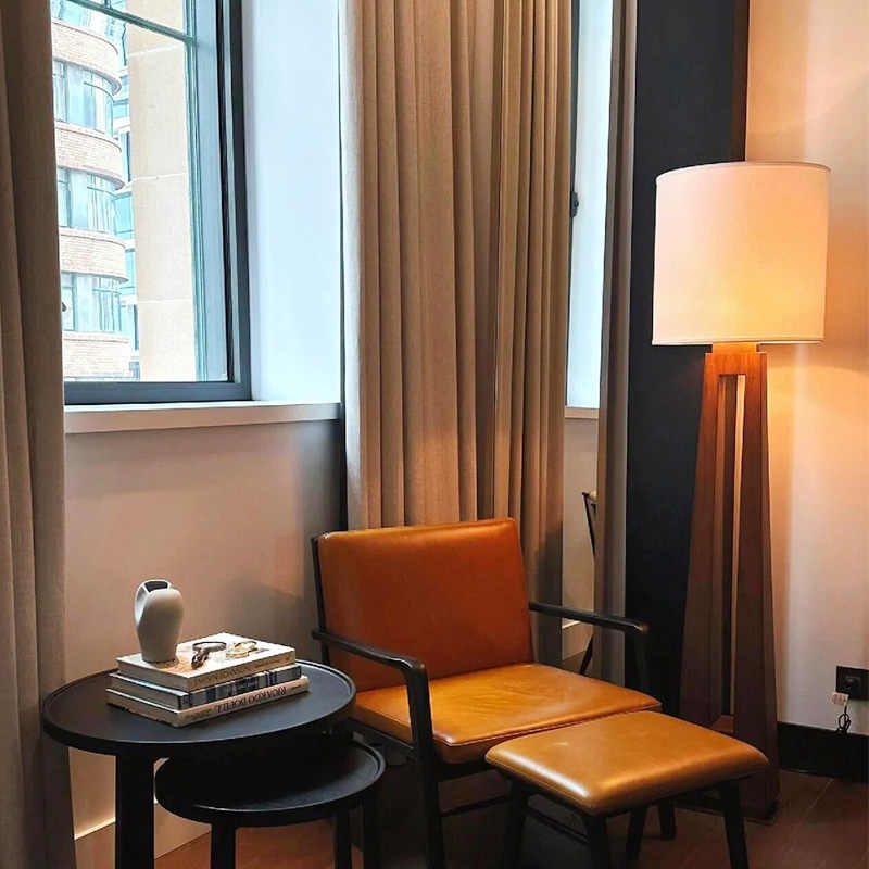 Walnut Wood LED Floor Lamp with Drum Linen Shade, Modern Ambient Standing Lamp, Minimalist Tall Light Fixture for Living Room, Bedroom, Study, Meditation Room