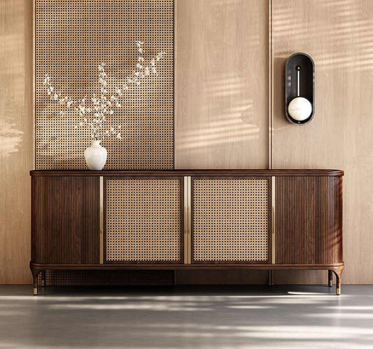 Vintage Walnut Sideboard Buffet – Retro Solid Wood Entryway Storage Cabinet for Living Room, Luxury Home Villa