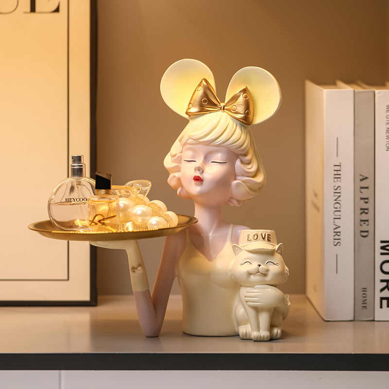 Luxury Girl and Cat Tray Organizer, Modern Resin Key Bowl for Entryway, Cute Countertop Decorative Figurine for Living Room and Desk