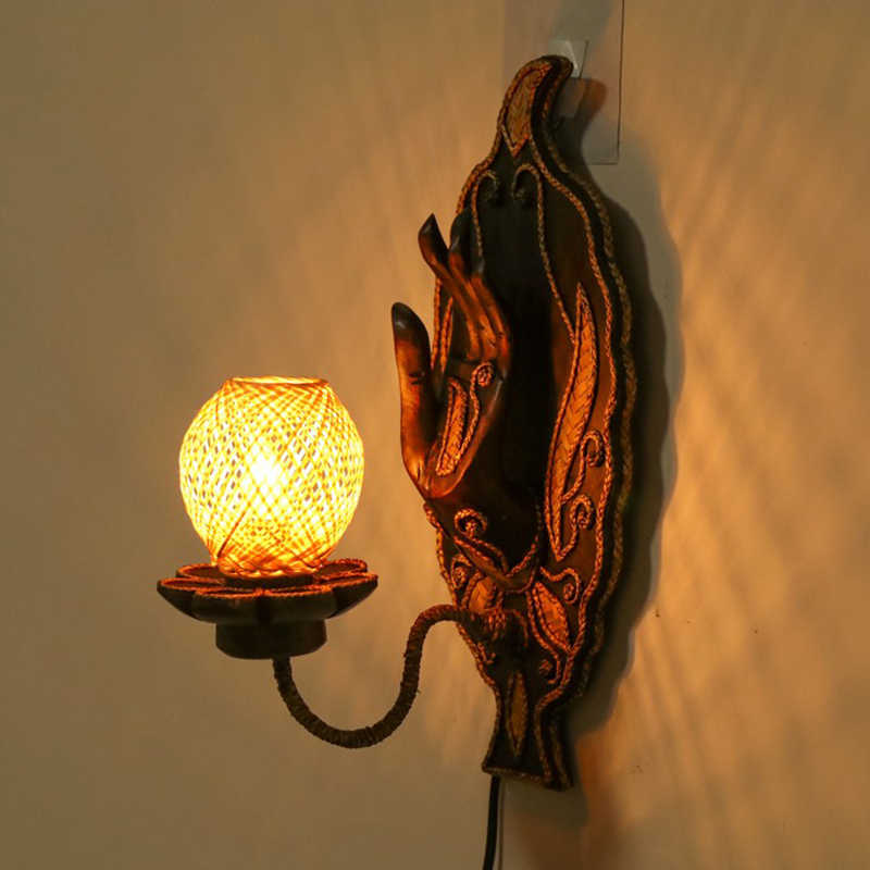 Thai Buddha Hand Wall Sconce Light, Zen Asian Wooden Art Lamp with Rattan Shade for Hallway, Bedroom & Meditation Space