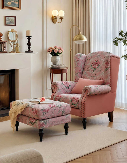 Vintage Pink Rose Manor Chair – Retro High-Back Sofa with Ottoman, Living Room/Bedroom/Designer Balcony