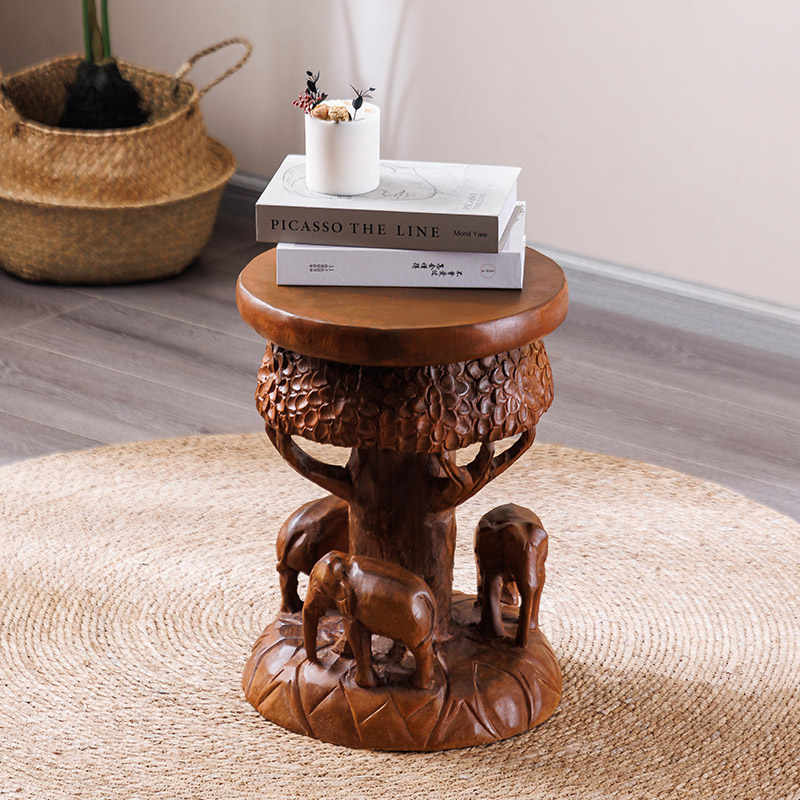 Hand-Carved Thai Solid Wood Elephant Stool, Creative Animal Accent Seat, Decorative Shoe Bench Plant Stand
