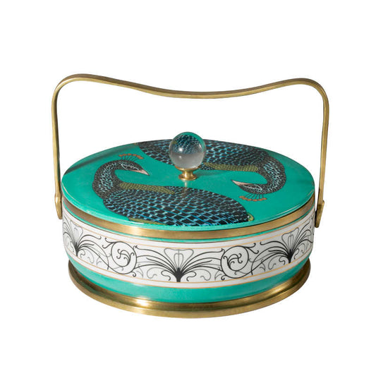 Peacock Porcelain Storage Box with Brass Handle – Decorative Lidded Trinket Organizer for Tabletop and Home Accents