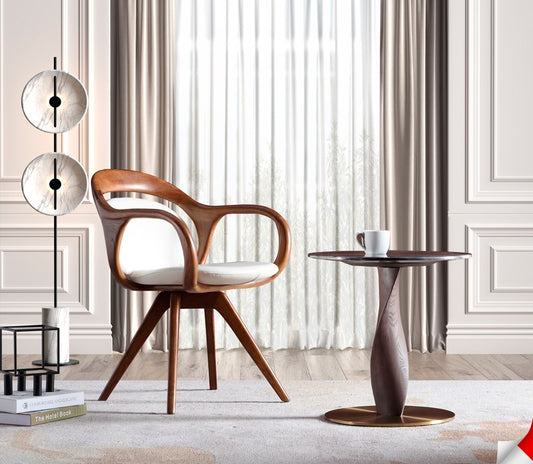 Modern Walnut Swivel Lounge Chair, Premium Solid Wood & Genuine Leather Nordic Reading Chair