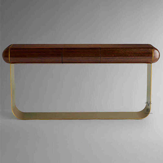 Designer Walnut Console Table with Brass Base – Luxury Modern Entryway Table with Drawer Storage, Cosintemporary Curved Wood and Metal Hall Table