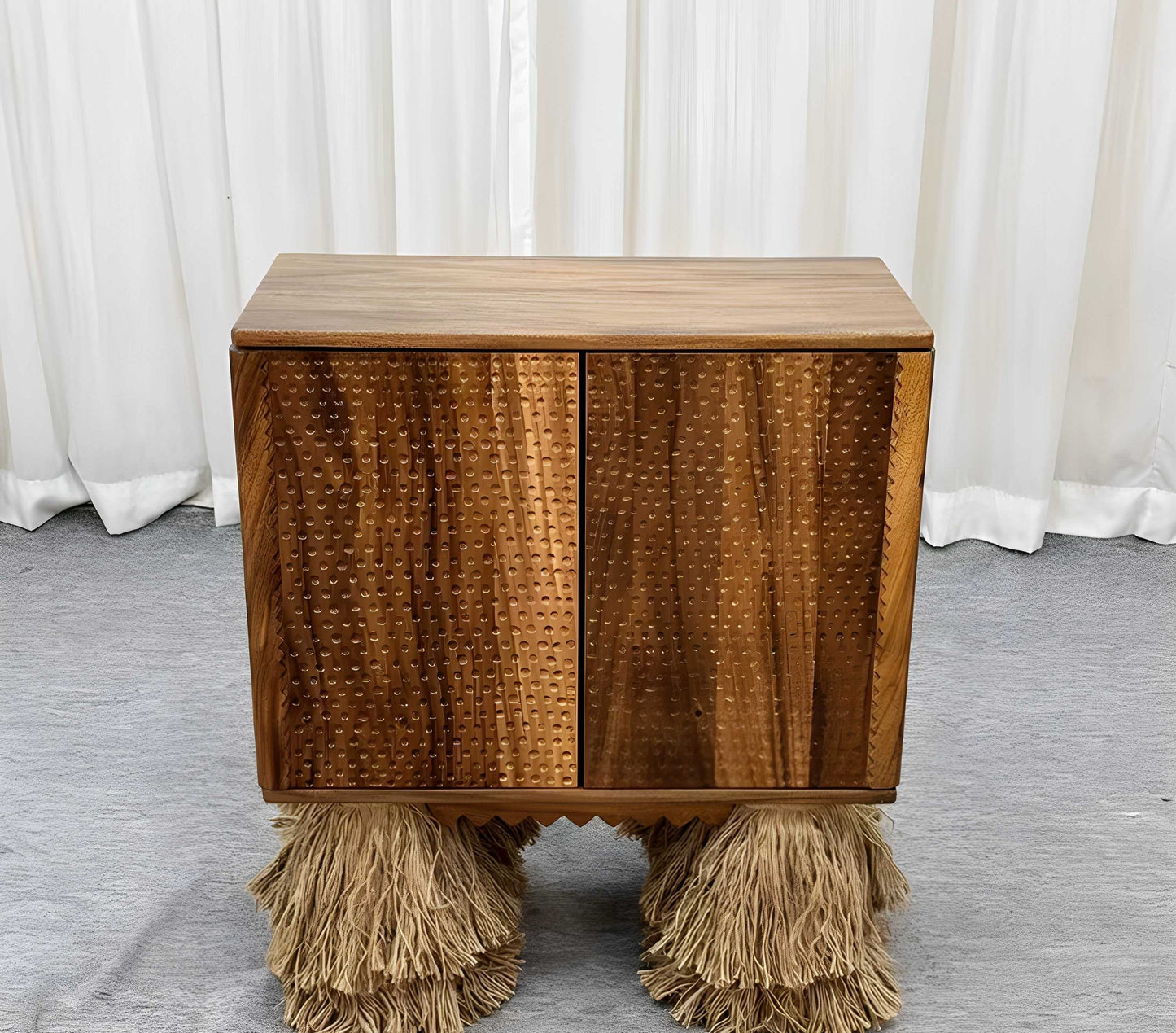 Mid-Century Teak Bar Cabinet with Cane Webbing – Natural Fiber Tassel Legs Storage Sideboard, Wine Console with Built-in Rack