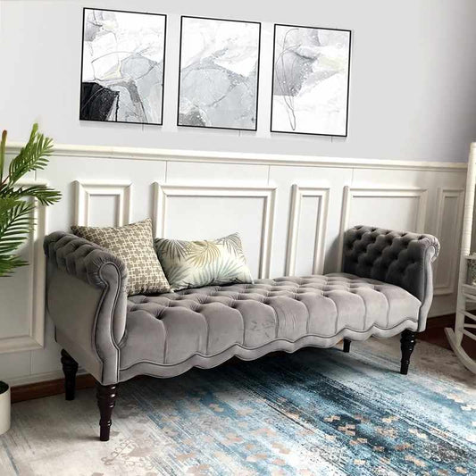 American Luxury Bedroom Bench with Tufted Upholstery, French Style Gray Velvet Ottoman for Bed End & Dressing Room
