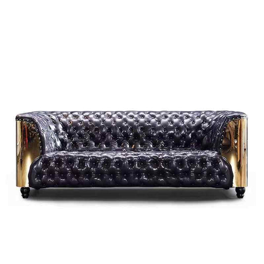 American Industrial Chesterfield Sofa with Copper Aluminum Panels, Designer Aged Black Oil Wax Leather Cigar Bar Couch
