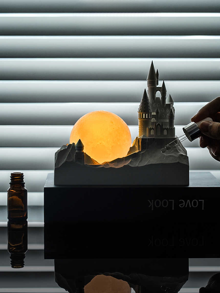 Rechargeable Moon Castle Night Light with Diffuser, 3D Atmosphere LED Lamp for Bedroom, Creative Table Decor and Gift with Essential Oil
