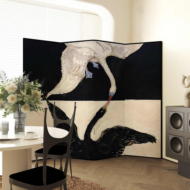 Art Deco Swan Kiss Folding Room Divider, Modern Vintage Four-Panel Metal Screen, Large Hand-Painted Movable Privacy Partition for Living Room, Bedroom, Studio