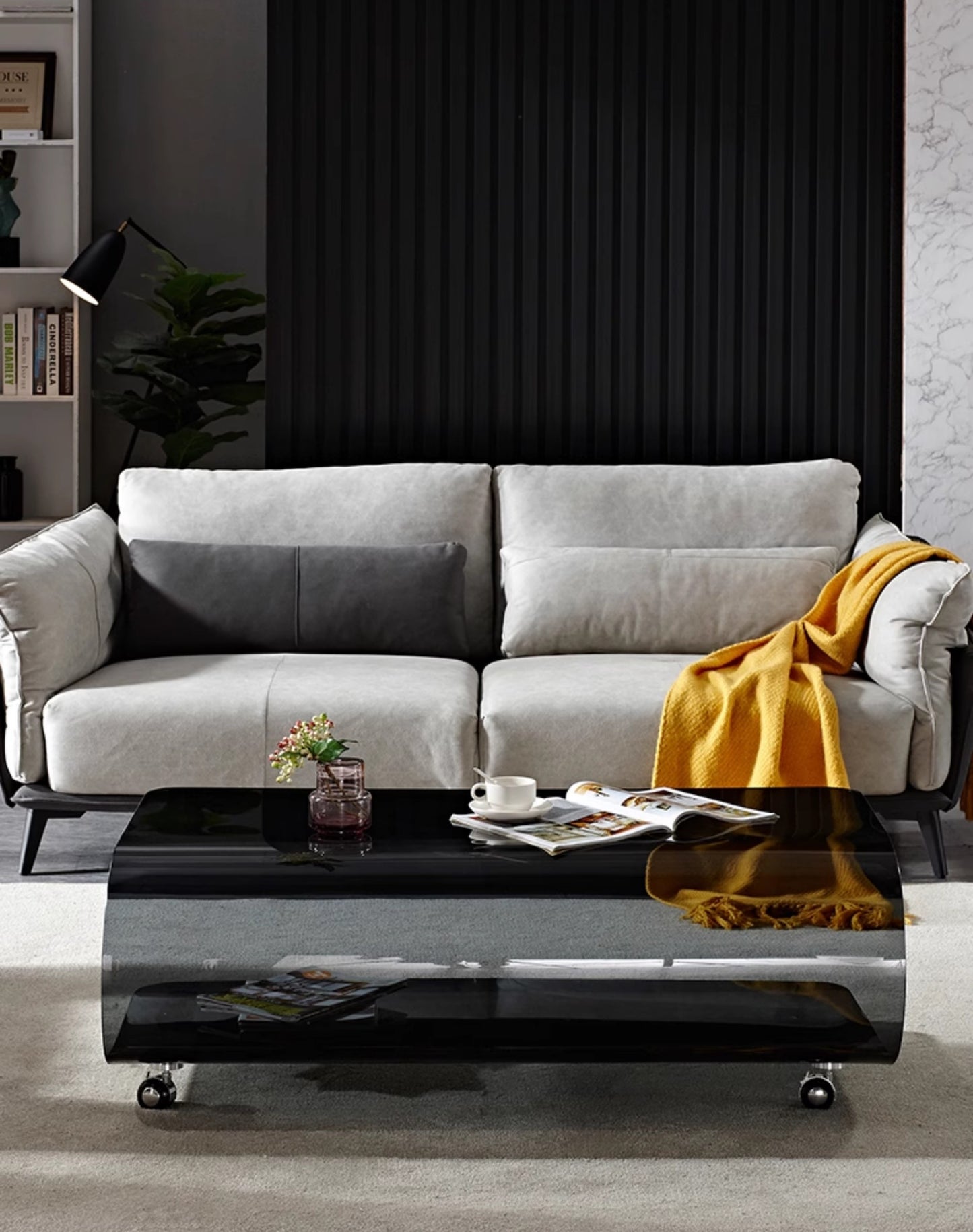 Modern Black Bent Glass Coffee Table, Minimalist Creative Tea Table for Small Living Rooms, Curved Tempered Glass Center Table