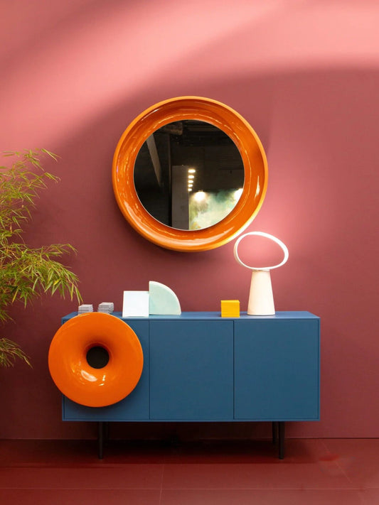 Modern Italian Style Sideboard with Circular Design Element, High-Gloss Piano Lacquer Finish Storage Cabinet with Custom Color Options