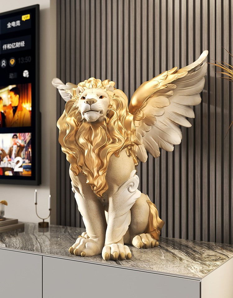 Majestic Winged Lion Sculpture – Gold & White Resin Griffin Statue for Modern Luxury Living Room or Foyer Decor
