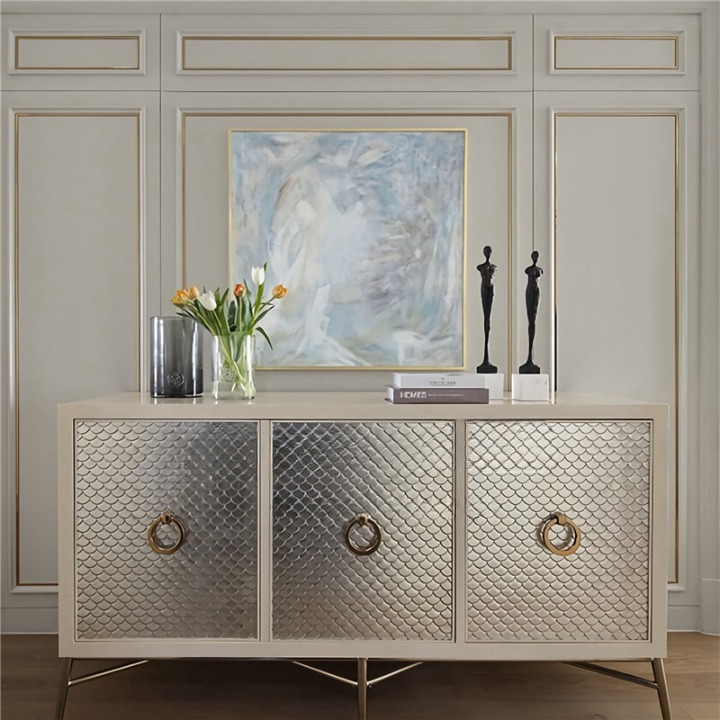 Luxury Silver 3-Door Entryway Cabinet – High-End Modern Slim Sideboard, Metallic Partition Shoe Storage Buffet
