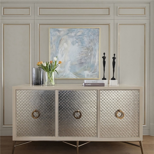 Luxury Silver 3-Door Entryway Cabinet – High-End Modern Slim Sideboard, Metallic Partition Shoe Storage Buffet