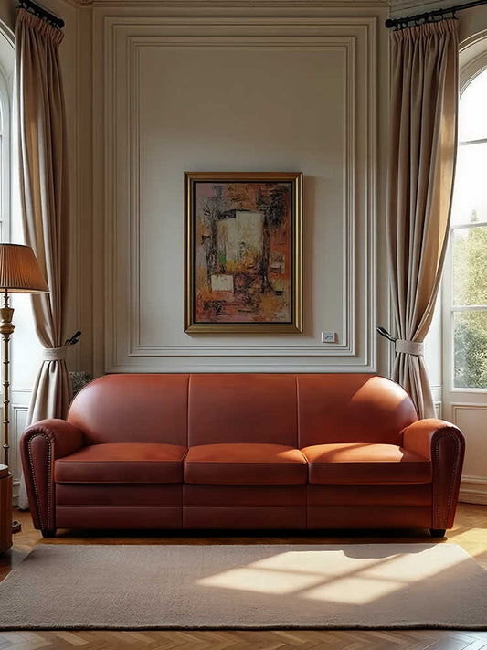 Vintage Genuine Leather Sofa – Retro Designer 3 Seater Couch for Small Living Room & Luxury Apartment, Tufted Brown