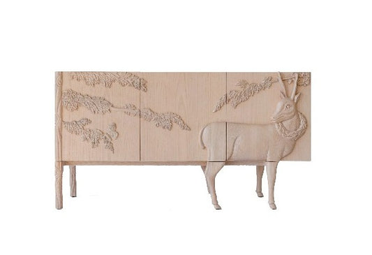 Rona Luxury Hand-Carved White Ash Wood Fox Sideboard, South African Imported Mid-Century Console Cabinet, Artistic Entryway Storage with Sculptural Design