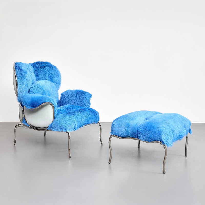 Designer Blue Faux Fur Lounge Chair, Modern Luxury Statement Sofa with Ottoman, Contemporary Accent for Villa Living Room