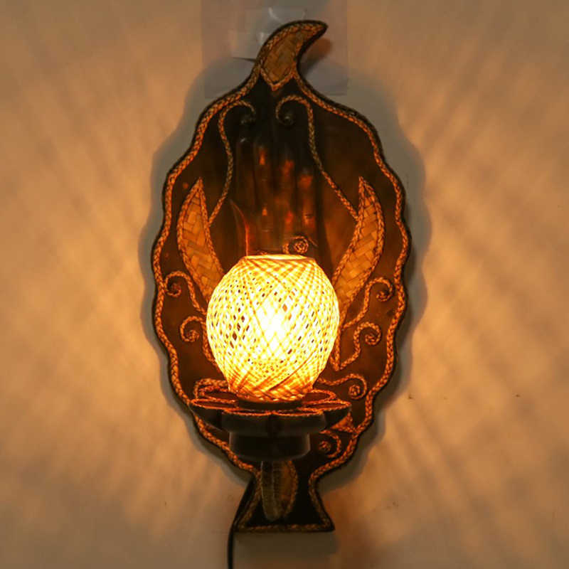 Thai Buddha Hand Wall Sconce Light, Zen Asian Wooden Art Lamp with Rattan Shade for Hallway, Bedroom & Meditation Space