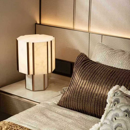 Designer Faux Alabaster Table Lamp for Living Room & Bedside, Model Home Artistic Ambient Light, Warm Modern Luxury, Hexagonal