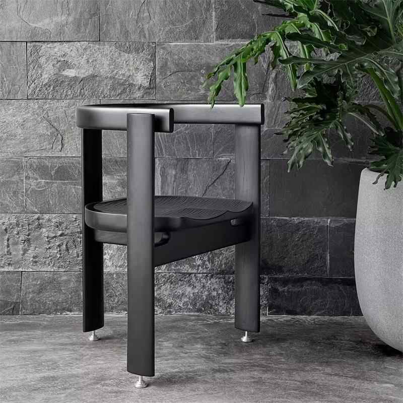 Vintage Black Solid Wood Carved Dining Armchair, Designer Minimalist Retro Accent Chair with Curved Back and Creative Sculpture Details