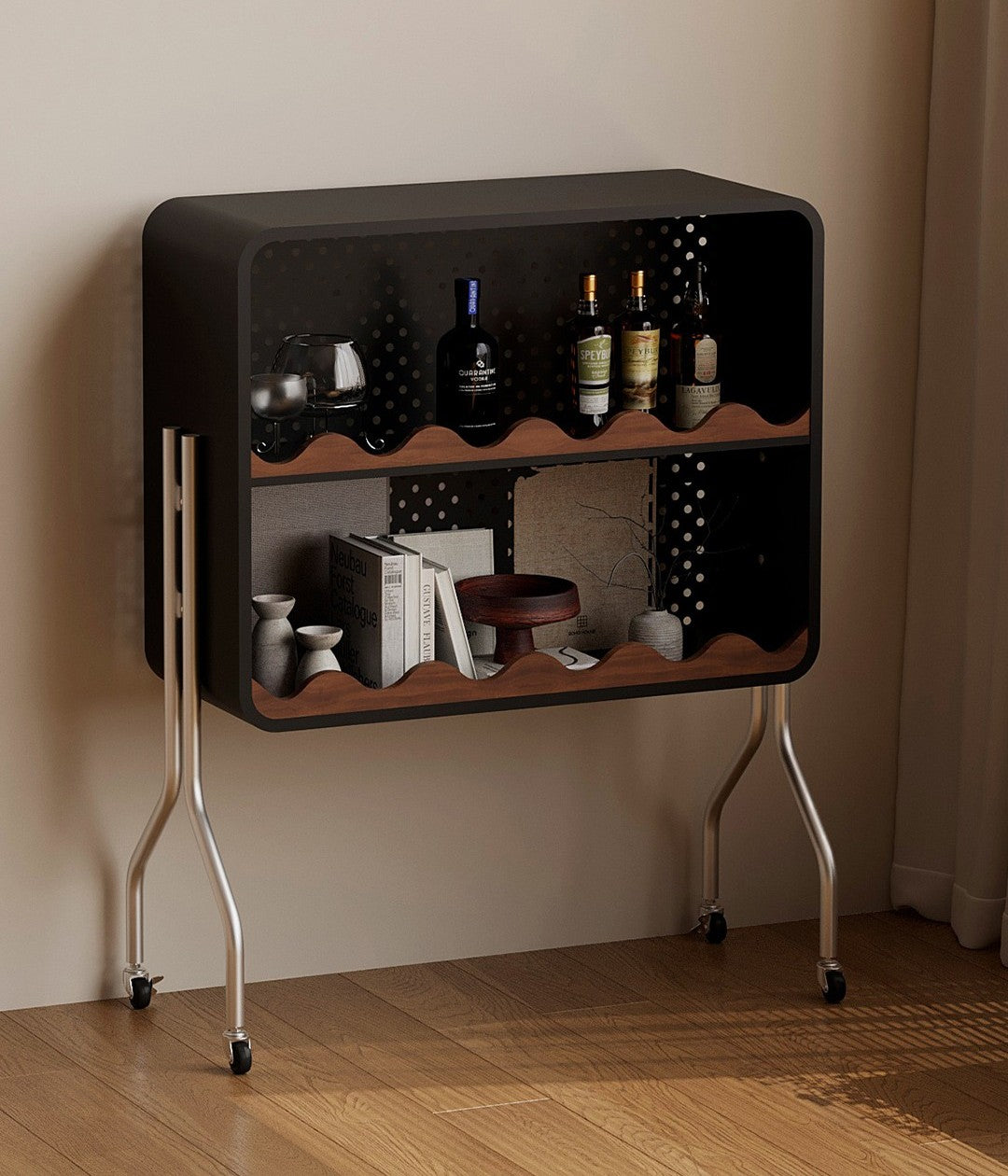 Modern Black Iron Bookshelf with Wheels, Mobile Industrial Display Storage Rack for Living Room, Bedroom, Office