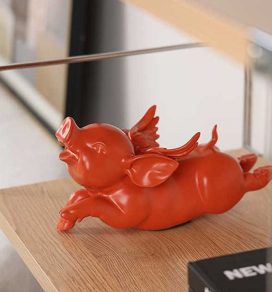 Orange Flying Pig Sculpture, Lucky Resin Winged Pig Figurine for Home Decor, Modern Table Ornament for Prosperity & Good Fortune