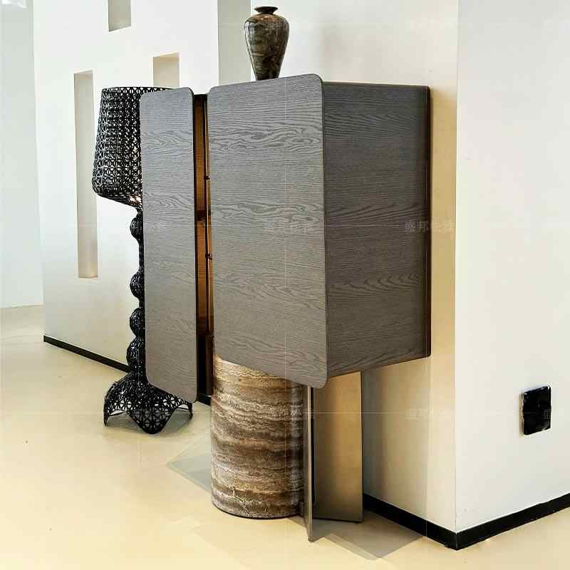 Italian Luxury Wall-Mount Bar Cabinet with Natural Marble Pedestal, Contemporary Wood Grain Storage with Brass Interior Lighting, Designer Display Cabinet