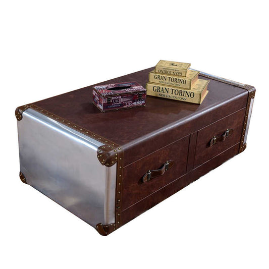 Industrial Vintage Trunk Coffee Table with Aluminum & Leather Finish, Cigar Bar Style Storage Table with Drawers, Mid-Century Modern