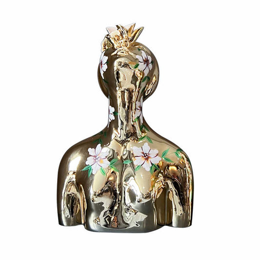 Golden Abstract Resin Girl Sculpture with Hand-Painted Floral Decor, Modern Artistic Bust for Showroom & Display,