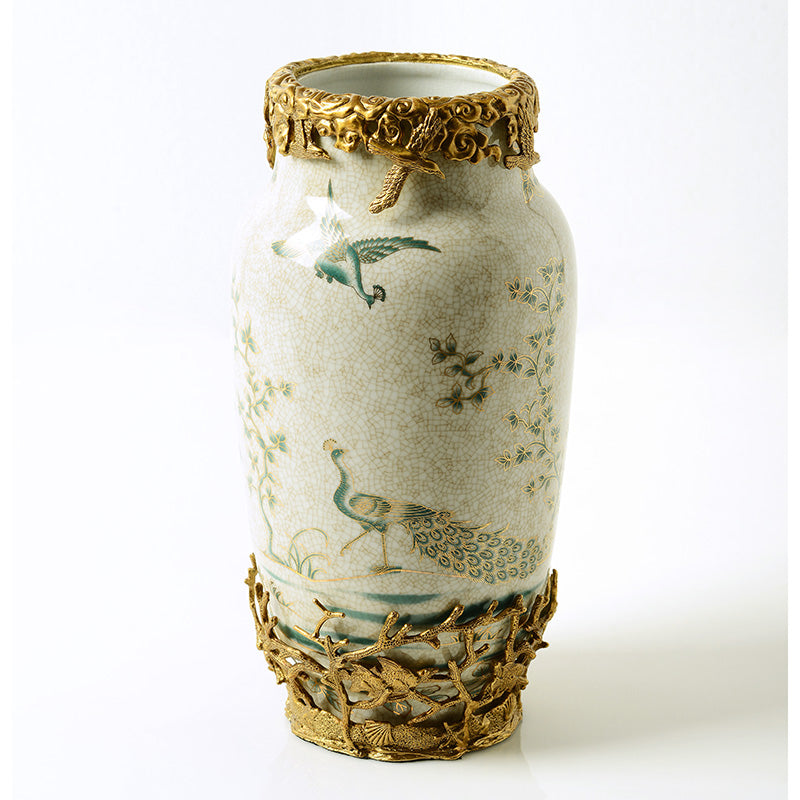Peacock Decal Porcelain and Brass Vase, Creative Table Flower Vase with Gold Accents for Living Room, Entryway, and Model Home