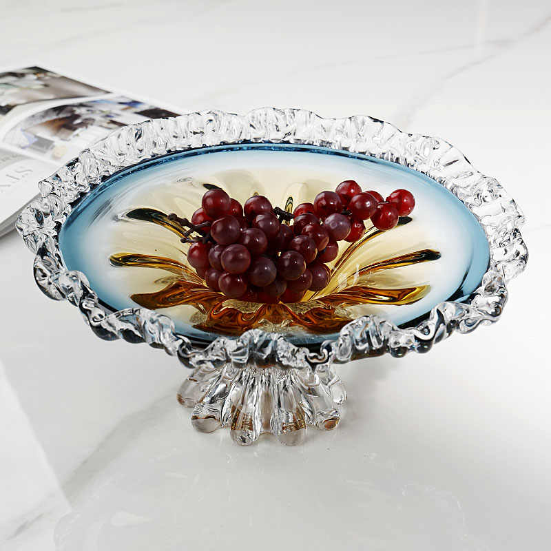 Luxury Art Glass Flower Fruit Bowl, Blue-Orange Gradient Pedestal Serving Dish with Sunburst Design & Ruffled Edges, Handcrafted Centerpiece