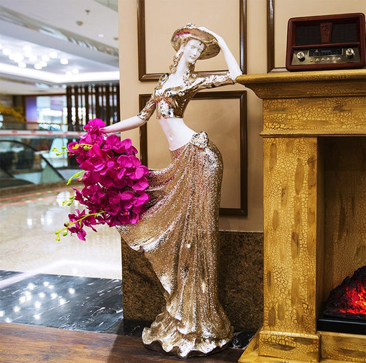 Grand Lady Gold Resin Floor Sculpture – Extra Large Elegant Art Figurine for Living Room, Hotel Lobby, or Entryway Décor
