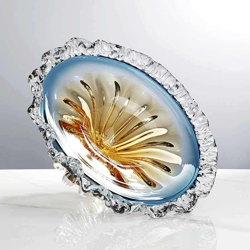 Luxury Art Glass Flower Fruit Bowl, Blue-Orange Gradient Pedestal Serving Dish with Sunburst Design & Ruffled Edges, Handcrafted Centerpiece