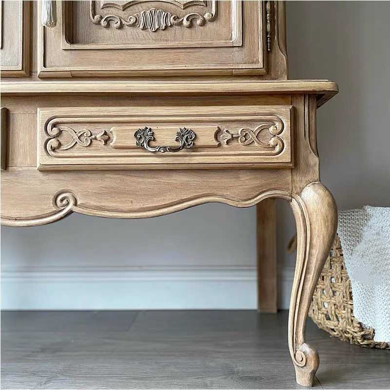 French Provincial Hand-Carved Hutch Cabinet with Curved Legs, Solid Wood Two-Door China Cabinet with Display Shelving, Custom Country Style Furniture