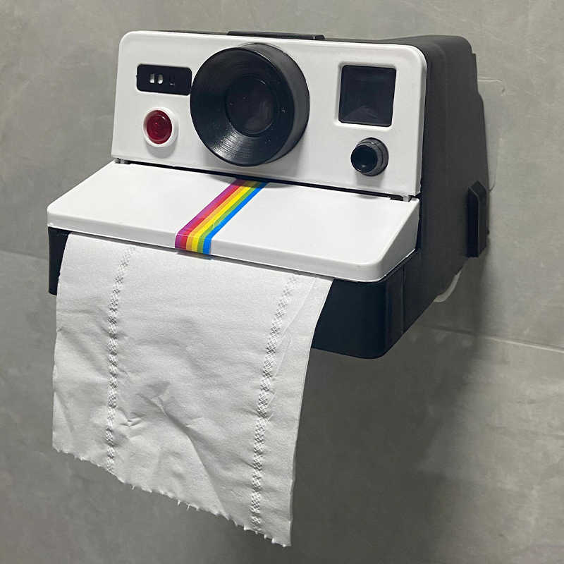Vintage Polaroid Camera Design Toilet Paper Holder, Wall-Mounted Bathroom Tissue Dispenser with Rainbow Stripe Detail, No-Drill Installation