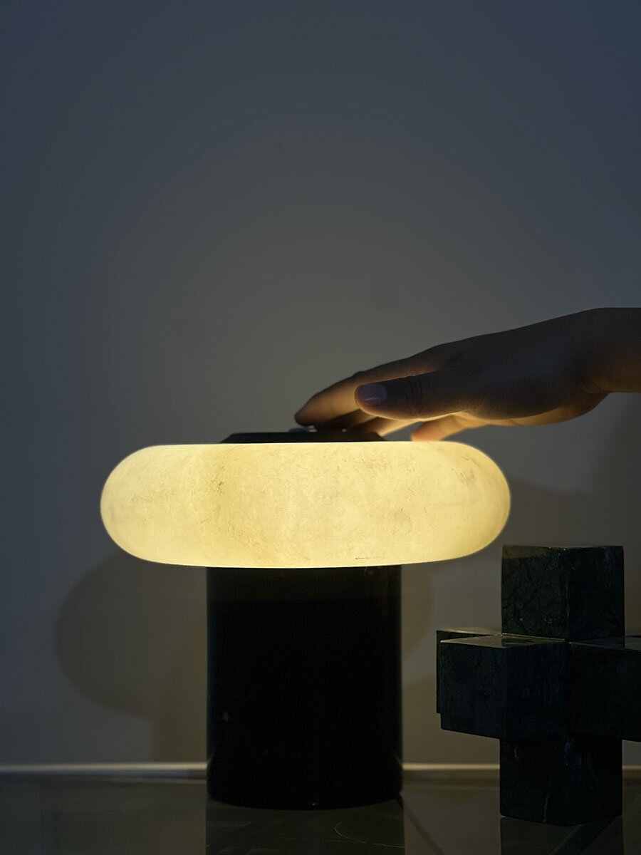 Designer Alabaster Touch Table Lamp, Portable Marble Nightstand Ambient Light, Cream-Style Luxury Minimalist Bedside Lighting