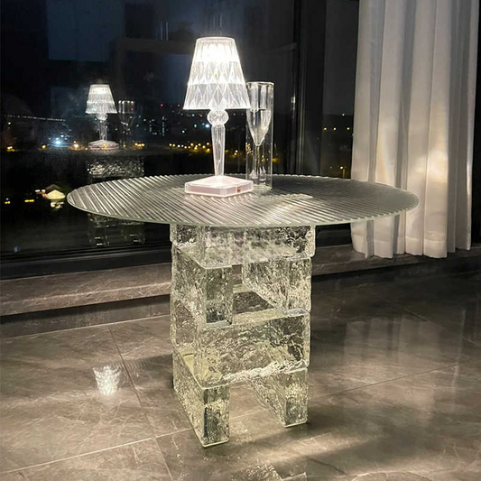 Modern Round Ribbed Glass & Acrylic Side Table, Luxury Transparent Accent for Living Room, Bar, or B&B, 8-Block Base