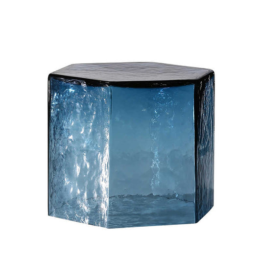 Modern Resin Gradient Hexagon Side Table, Artistic Blue Transparent Pedestal Accent, Fully Assembled