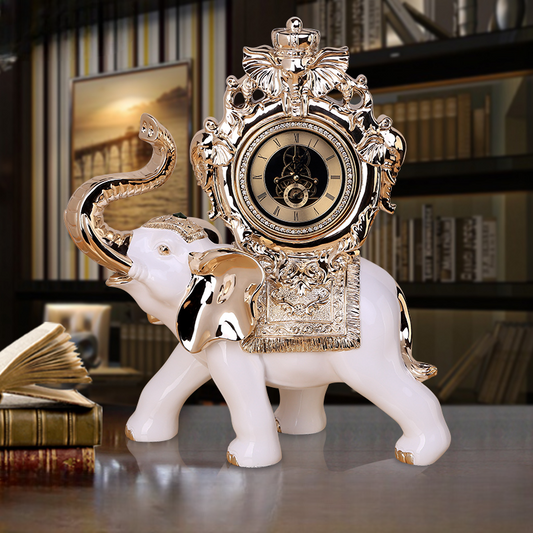 Luxury Rose Gold Elephant Clock Sculpture – Large Resin Table Clock Figurine for Living Room, Bedroom, or Gift