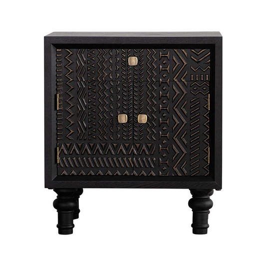 Vintage Black Carved Tribal Pattern Nightstand, Wabi-Sabi Style Storage Cabinet with Turned Legs, Small Space Bedside Table for Bedroom, Living Room