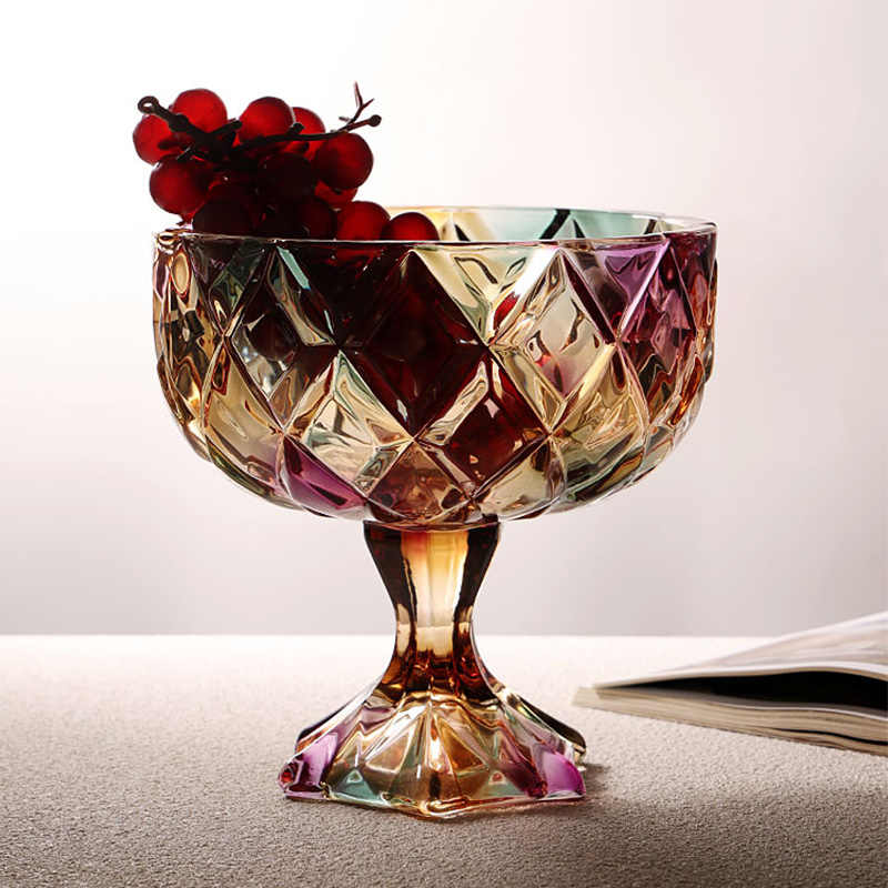Creative Crystal Glass Pedestal Fruit Bowl, Diamond-Cut Rainbow Stemware Compote Dish, Luxury High-Value Candy Bowl for Home