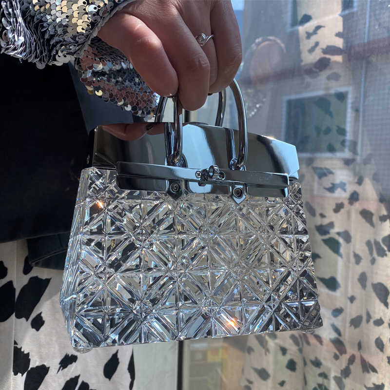 Crystal Home Decor Table Lamp, Adjustable LED Transparent Crystal Bag Ornament with Silver Handle