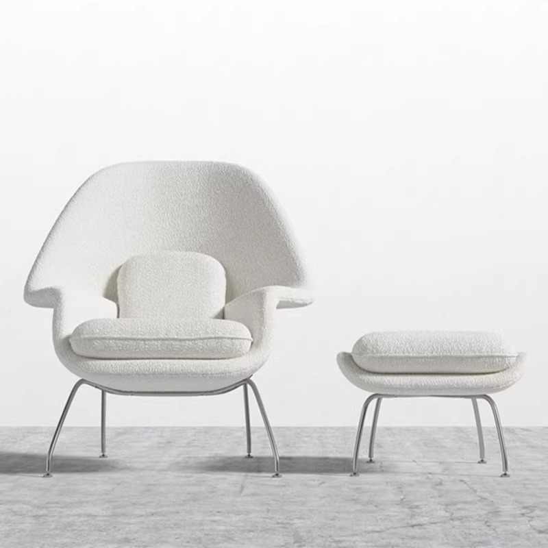 Modern Womb Chair and Ottoman Set, White Bouclé Lounge Armchair for Living Room or Bedroom