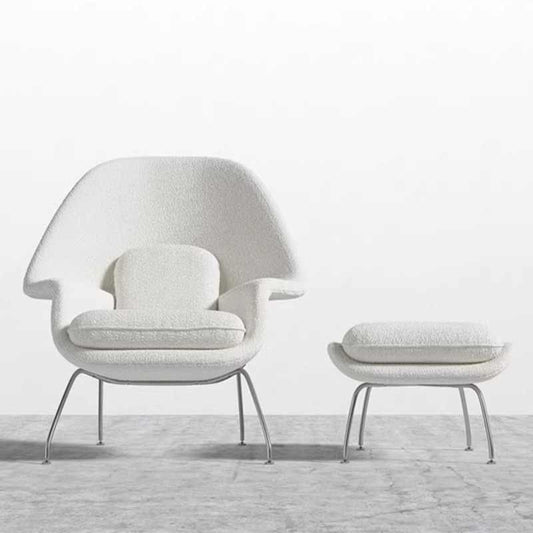 Modern Womb Chair and Ottoman Set, White Bouclé Lounge Armchair for Living Room or Bedroom