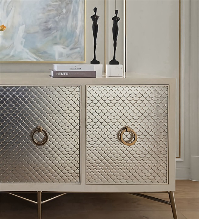 Luxury Silver 3-Door Entryway Cabinet – High-End Modern Slim Sideboard, Metallic Partition Shoe Storage Buffet