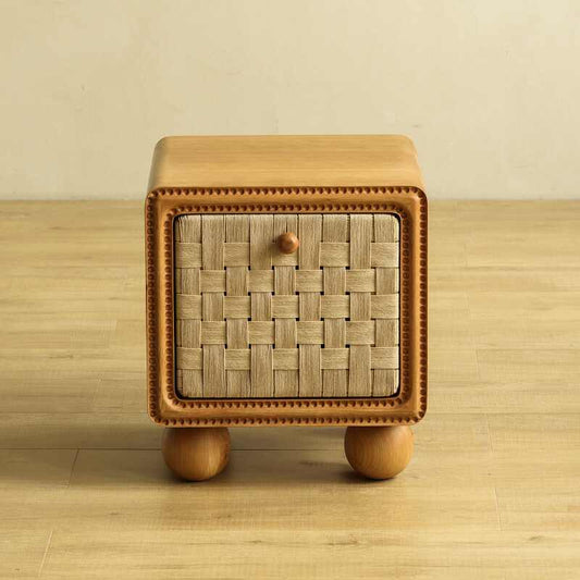 French Vintage Woven Nightstand – Handcrafted Basket-Weave Storage Cabinet with Rounded Wood Frame, Contemporary Bedroom Furniture