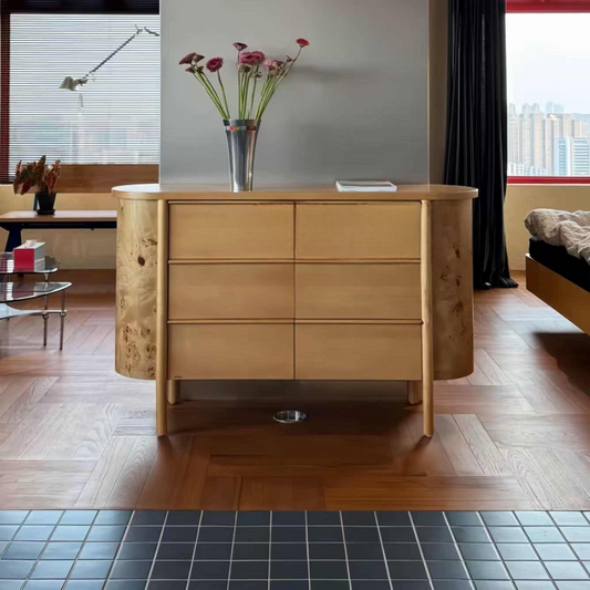 Burl Wood 6-Drawer Chest – Designer Curved Edge Vintage Storage Cabinet, Retro Minimalist Solid Wood Dresser