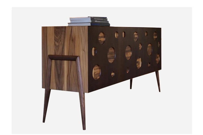 Italian Mid-Century Modern Sideboard with Circular Cut-Out Design, Walnut Wood Credenza with Tapered Legs, Contemporary Storage Cabinet